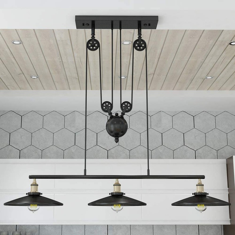 WINSOON 3 Light Industrial Pendant Light, Pulley Pool Table Light