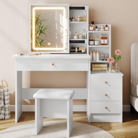 Memobarco Vanity Desk with Mirror and Lights, Makeup Vanity with 3 Adjustable Lighting Modes, Small Vanity Desk with Sliding Mirror, 4 Drawers, 7 Shelves, Vanity Chair for Bedroom White