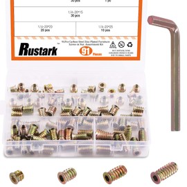 Rustark 90 pcs 1/4" 4 Sizes Carbon Steel Hex Socket Threaded Insert Nuts Assortment Kit Zinc Plated Screw-in InsertsNut Bolt Fastener Connector for Wood Furniture