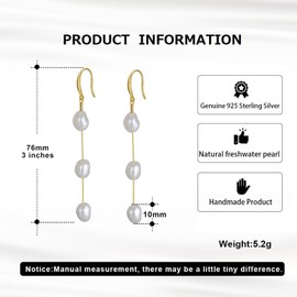 Bellitia Jewelry Baroque Pearl Tassel & Dangle Earrings 925 Sterling Silver Handpicked Pearls Drop Earrings Platinum Plated Freshwater Pearl Fashion Earrings for Women