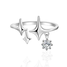 Cute CZ Star Promise Stackable Ring for Women Silver Plated Crystal Stars Adjustable Statement Wrap Finger Band Rings Eternity Fashion Wedding Engagement Christmas Dainty Jewelry