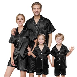 IFFEI Matching Family Silk Pajamas Set Satin Button Down Loungewear 2 Piece Top and Shorts Pjs for Couples with Pocket Men Large Black