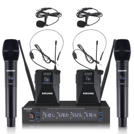 SIKUING 4 Channel UHF Wireless Microphone System with Lavalier Headset Mics, 4x50 Adjustable Frequencies, Ideal for Karaoke Meeting Church, 300ft Range (2 Handheld 2 Bodypack)