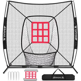 BAGAIL 7x7 ft Baseball & Softball Practice Net with Bow Frame for Batting, Hitting, Pitching, Portable Throwing Net with Strike Zone, Carry Bag, Softball Training Aid for All Levels