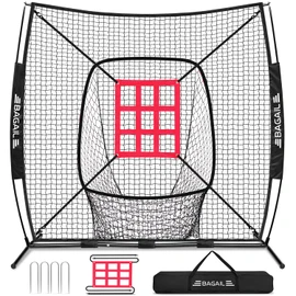 BAGAIL 7x7 ft Baseball & Softball Practice Net with Bow Frame for Batting, Hitting, Pitching, Portable Baseball Throwing Net with Strike Zone, Carry Bag, Baseball Training Aid for All Levels