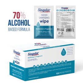 Hand Sanitizing Wipes Travel Size by Singular Wipes – 100ct Individually Wrapped | Fresh Citrus Scent, Moisturizing, 70% Alcohol Wipes | Travel, Office, School, Home | Made in USA