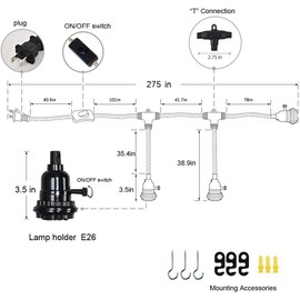 ALAISLYC 3 Plug-in Pendant Lights Kit - Hemp Rope Cord with Switch, 22 Ft Length, DIY Farmhouse Hanging Lighting Fixture