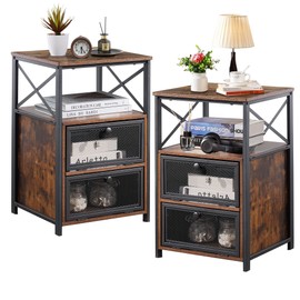 VECELO Nightstand Set of 2, End Table with Flip Drawer, Modern Night Stand for Bedroom Living Room, Office, Easy Assembly, Brown