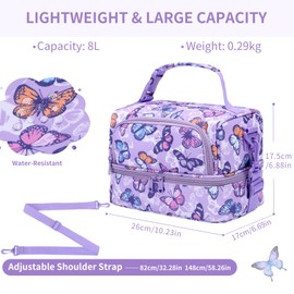 Lunch Bag for Girls,Chase Chic Insulated Reusable Large Cute Dual Lunch Bag Box Container for Kids Toddler School Daycare Purple Butterfly