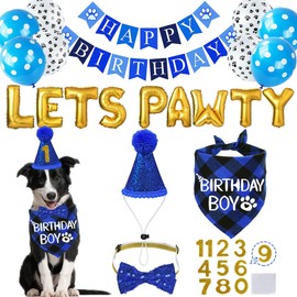 STMK Dog Birthday Party Supplies, Multi Sizes Dog Birthday Bandana Boy Dog Birthday Hat with Numbers Bow Tie Birthday Banner Lets PAWTY Balloons for Small Medium Dogs Pets (Small, Blue)