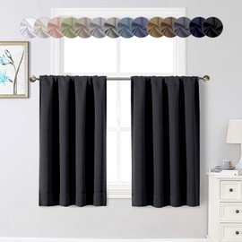WelvetBLK Black Cafe Blackout Curtains 36 Inch Length 2 Panels Set, Soft Solid Thermal Insulated Room Darkening Small Window Curtains for Kitchen Bathroom Basement, Black, Each, 40" Wx36 L