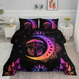 Axolotl Sun and Moon Bedding Set Twin Size,Mushroom Comforter Set Boho Exotic Style Bedding Set Cosmic Planets,Bohemian Bedding Astrology Comforter for Adults Women Teens,1 Quilt 2 Pillowcases,Black