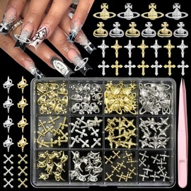 BELICEY 120Pcs 3D Cross Nail Charms, Gold Silver Cross Star Planet Nail Art Charm, Alloy Punk Saturn Cross Charms for Acrylic Nails, Shiny Y2K Star Cross Nail Jewelry for Nails Design Manicure Crafts
