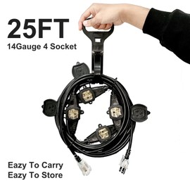 25FT Power Extension Cord - 3 Prong, 14 Gauge SJTW 5-15R Cable - Male Plug to Female Connector - 5 Outlet - Multiple Evenly-Spaced Plug - Suitable for Stage Setting or Outdoor - UL Certified