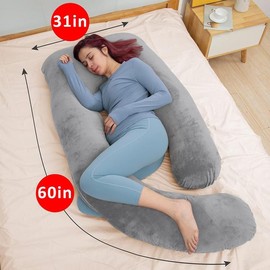 Grey Maternity Pillow for Pregnant Women - J Shaped Full Body Pillow with Velvet Cover