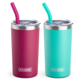 koodee Tumbler Cup with Straw and Lid -12 oz Skinny Tumbler Stainless Steel Double Wall Vacuum Insulated Tumbler Cup-Spill Proof & Sweat-Free (Fuchsia Red-Teal)