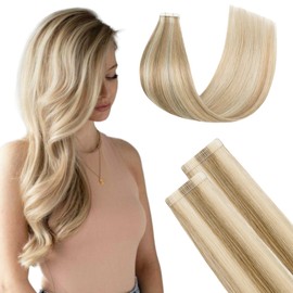 FUOTONBUTY Tape Extensions Real Hair Double Stitched, Balayage Caramel Blonde to Bleach Blonde Tape-In Extensions Real Hair, 20 Pieces, 50 g, Invisible Tape Extensions, Tape-On Extension Real Hair, 45