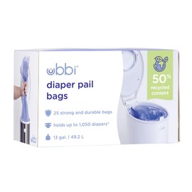 Ubbi Diaper Pail Plastic Bags, Disposable Baby Waste Bags, Single Pack, 25 Count, 13-Gallon Bags
