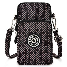 Best World 4 Yu Lightweight Nylon Crossbody Bag Cellphone Wallet for Women Girls Mini Shoulder Purse, Small Bag for Dog Walking with Long Strap(Coffee Small Grid)