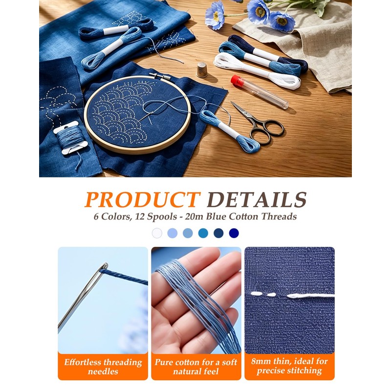eZAKKA 51 Pack Blue Sashiko Kit with 30 Templates, 9