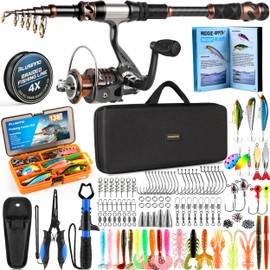 PLUSINNO Fishing Rod and Reel Combo with Telescopic Fishing Pole, Portable Travel Fishing Rods Kit with Tackle Box Carrier Bag & Manuals, Fishing Gear Tool Kit for Freshwater, Fishing Gifts for Men