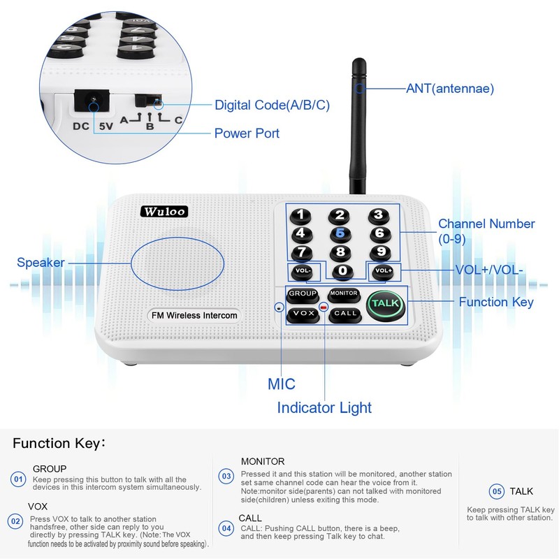 Wuloo Intercoms Wireless for Home 5280 Feet Range 10 Channel