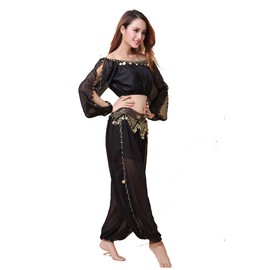 ZLTdream Belly Dance Chiffon Long Sleeves Top and Lantern Coins Pants Black, One Size