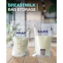 Bebecom Breastmilk Storage Bags 7 Oz 200 ml, Double Zipper Seal, Extra Thick, Self Standing Bag, Leak Proof, Pre Sterilized, BPA & BFS Free (150 Count)