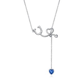 AOBOCO 925 Sterling Silver Necklace with Stethoscope Y Lasso Pendant Crystal from Austria Nurse Gift for Women Doctors Nurses Medical Students, Sterling Silver