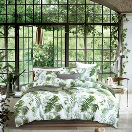 MILDLY 100% Long-Staple Cotton Duvet Cover Set King Size Green Palm Leaf Printed Luxury Comforter Cover Set Reversible Tropical Ultra Soft