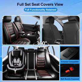 FiveFox Fit Sonata Car Seat Covers (Front Pair) for Select Hyundai Sonata 2007-2026 - Premium Full Coverage Leather, Airbag Compatible, Waterproof & All Weather Seat Cushion Protector, Red Trim
