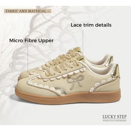 LUCKY STEP Women’s Lace Detail Casual Sneakers Organza Ribbon Lace-Up Fashion Vintage Gum Sole Trendy Cute Shoes(Beige/Gold,7)