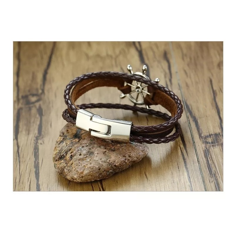 Jextech Pulsera De Timón De Acero Cuerda Cuero Genuino Vintage