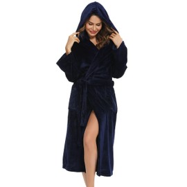 Vlazom Ladies Dressing Gowns, Fluffy Super Robe Comfy Flannel Bathrobe Plush Fleece Hooded Robes for Winter,Navy-with Hooded,L(UK16-18)