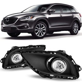 CPW OEM Fog Lights Assembly Fit For 2013 2014 2015 Mazda CX-9, Driver & Passenger Driving Fog Lamps Replacement w/ H11 12V55W Halogen Bulbs + Wiring + Switch (Black Housing Clear Lens)