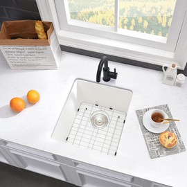 17 Inch Bar Sink Undermount-VASOYO 17x19 White Undermount Bar Sink Small Kitchen Sink Bar Prep Sink Quartz Composite Kitchen Sink Outdoor Rv Kitchen Sink Single Bowl Kitchen Bar Sink with Bottom Grid