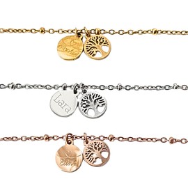 Inaklam Damen Edelstahl-Armband mit Gravuranhänger und Lebensbaum, 15 cm + 5 cm Verlängerung, personalisiertes Geschenk in Geschenkbox (Silber)