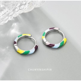 Unbranded Sterling Silver Rainbow Colorful Drip Oil Round Huggie Hoop Earrings PE35