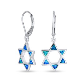 Created Blue Opal Religious Judaica Magen Hanukkah Star Of David Leverback Dangle Earrings For Women Teens Bat Mitzvah .925 Sterling Silver