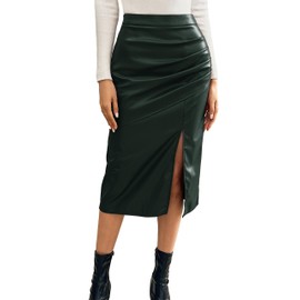Kate Kasin Women's Faux Leather Skirt PU Pencil Skirt High Waist Leather Skirt Bodycon Midi Skirt with Slit, dark green