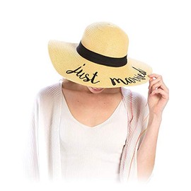 RJAY Women's Paper Weaved Embroidered Crushable Beach Lettering Quote Floppy Brim Hat (Just Married - Beige)