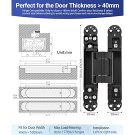 7 Inch Invisible Door Hinges (2 Pack), 3D Adjustable Hidden Door Hinges for Doors, 180 Degree Swing Heavy-Duty Zinc Alloy Concealed Hinge, 177 lbs Load-Bearing, Matte Black Finish