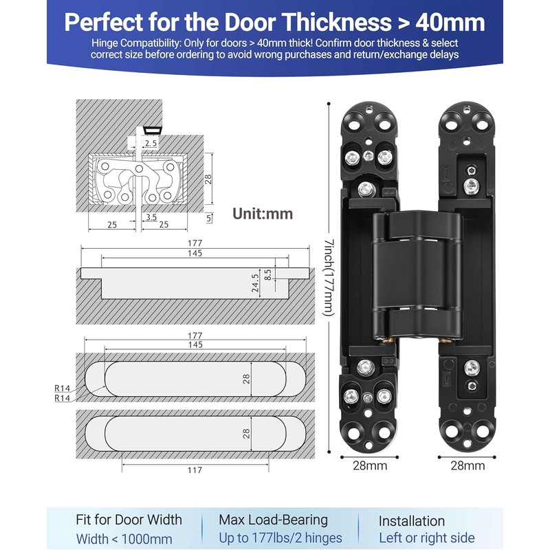 7 Inch Invisible Door Hinges (2 Pack), 3D Adjustable Hidden