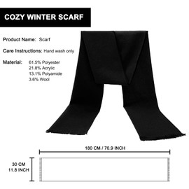 lifwimner Winter Scarf for Men, Classic Neck Warmer Men 180 x 30 cm Men's Scarf Winter, Warm Soft Wool Scarf for Winter Autumn, black