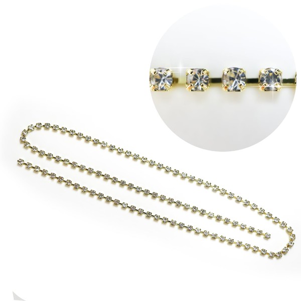 NP-010 Nail Parts Chain, Gold + Crystal, Rhinestones, Self Nail Decoration, Cutable, Approx. 9.8 inches (250 mm), Grain Approx. 0.06 inch (1.5 mm)) Sparkling Puffy Round