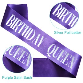 KETAOO Birthday Queen Sash, Silver Foil Purple Birthday Sash for Women 21st 30th 40th 50th 60th 70th Fun Birthday Party Favors Gifts Decorations