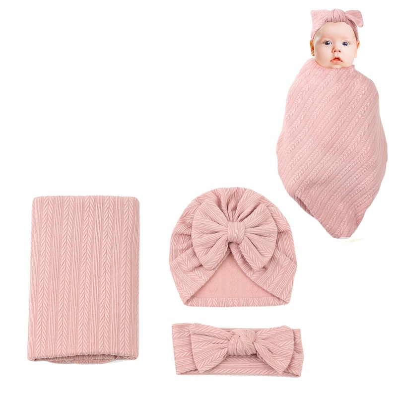 3pcs Receiving Blanket Headband Set Cotton Polyester Wheat Texture Pure