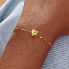 STORYJEWELLERY Sterling Silver Cat Bracelets for Women, 18K Gold Plated August Birthstone Bracelets for Women, Dainty Cute Charm Bracelet, Graduation and Birthday Gifts for Her