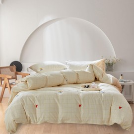 AOJIM Plaid Duvet Cover Set Pure Cotton, Floral and Heart-Shaped Pattern Comforter Cover, 1 Queen Size Quilt Cover and 2 Pillowcases, Soft Bed Set for Room Decor (No Comforter)