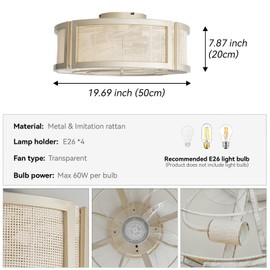 Phrylix 20" Boho Ceiling Fans with Lights, Rattan Flush Mount Ceiling Fan with Light Remote Control with Caged 6 Speeds for Bedroom, Nursery, Living Room (Gold)